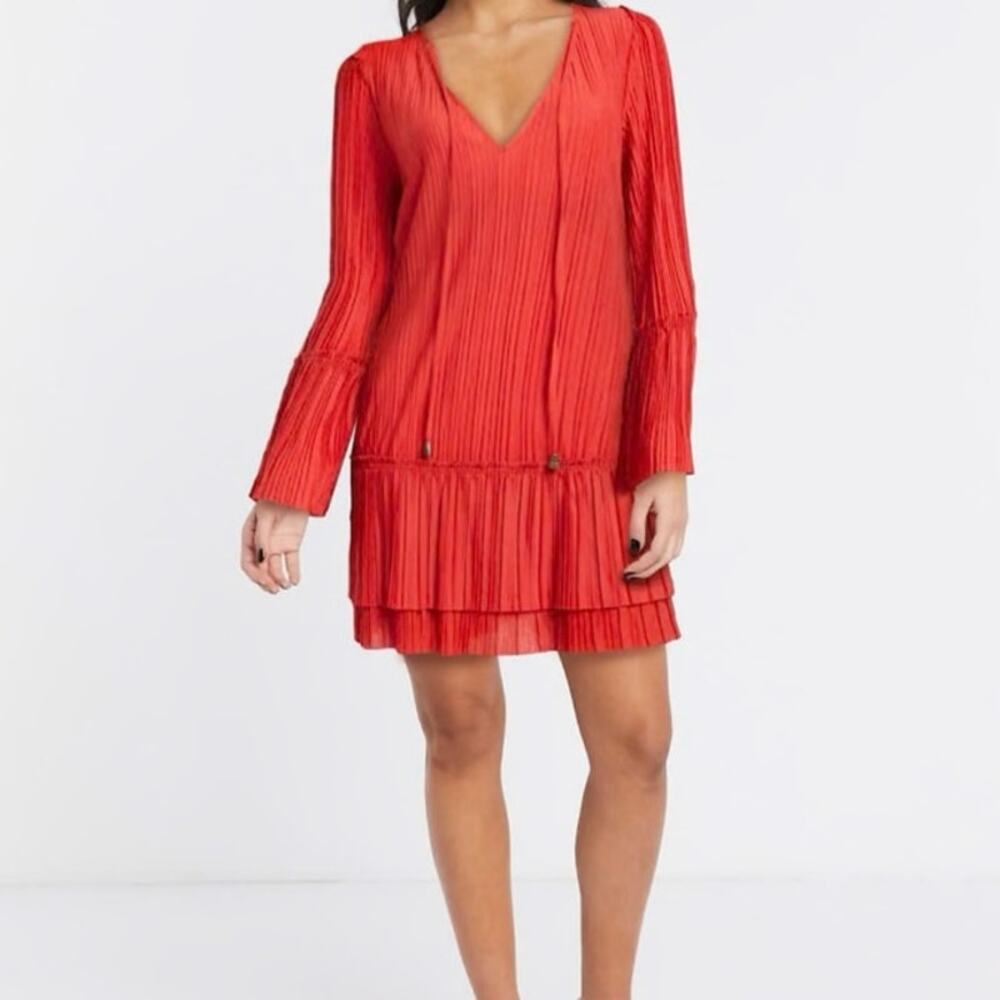 Free People Can't Help It Plisse Flared Sleeve Mini Dress In Red Sz SP v neck